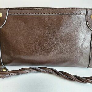 RELIC dark brown purse w/ twisted/braided handle, multiple compartments inside.